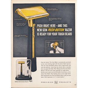 1959 GEM Push Button Gold Plated Safety Blade Razor Vintage Print Ad 10x13 50s